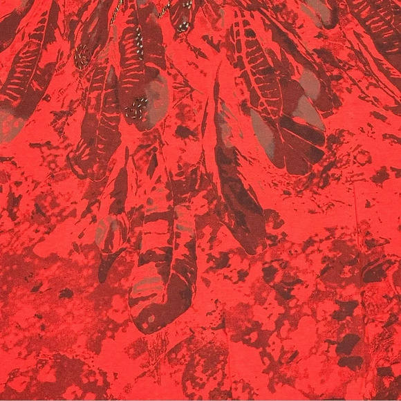 Relativity 2X Shirt Top Burnt Orange Feathers Short Sleeve Scoop Neck Stretch - Picture 2 of 7